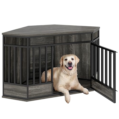DWVO Corner Dog Crate Furniture, 52 Inch Heavy Duty Dog Kennel Indoor Furniture End Table Dog Crate for Large Dogs, Modern Decorative Dog Crate Wooden Dog Crate Furniture for Large Dogs, Rus