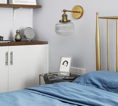 Image of PERMO Single Sconce Vintage Industrial Wall Sconce Light Fixture with Flate Globe Ribbed Shade for Bedroom Livingroom Bathroom (Brass Gold)