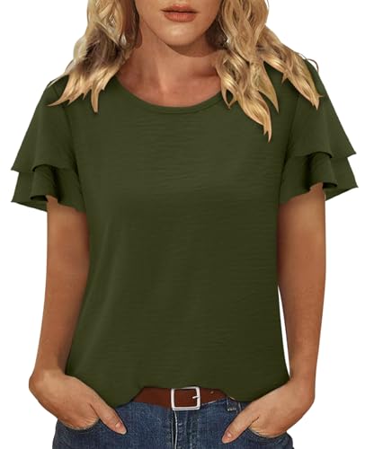 CRAZY GRID Women's Shirts Summer Casual Crewneck Ruffle Short Sleeve Blouses Cute Floral Print Tunic Tops
