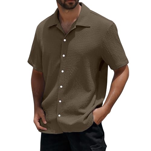 Foweknow Camisa para hombre de manga corta con botones, camisa de verano, ligera, vintage, corte regular, ropa de diario, transpirable, ligera, informal, sólida, camisa de vestir, marrón, M