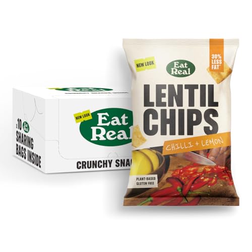Eat Real, Lentil Chips, Chilli & Lemon, 10 X 95g, Gluten-Free Crisps Multipack, Vegan-Friendly, Healthy Snacks, 30% Less Fat