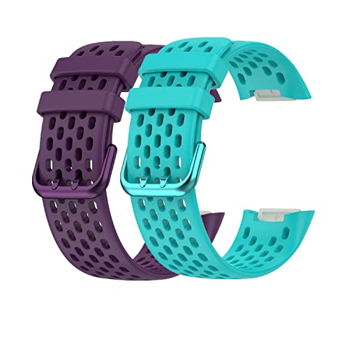 Huwokxix Armband Kompatibel mit Fitbit Charge 5/6,Atmungsaktives Silikon-Ersatz-Sportzubehör-Armband mit Luftlöchern für Fitbit Charge 5/6 (Lila + Blaugrün)
