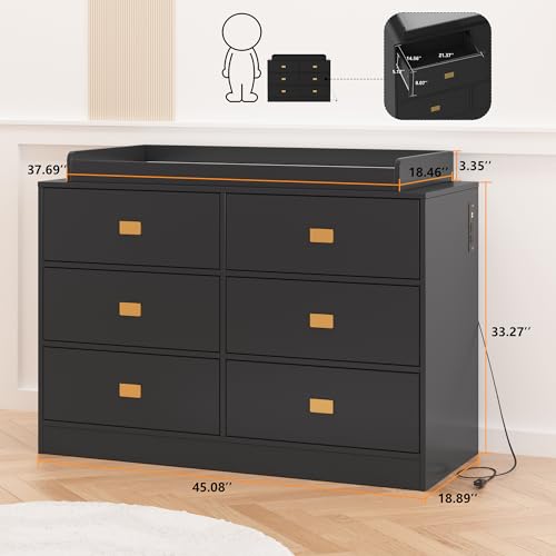 GarveeHome Dresser for Bedroom with 6 Drawers, Changing Table Dresser with Power Outlets, Soft Changing Pad & Removable Top, Baby Changing Table Top for Nursery - Black