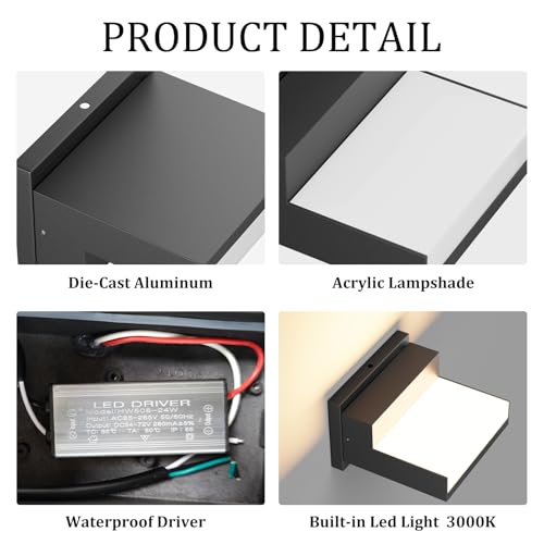 Image of 2 Pack Modern Outdoor Wall Light 3000K Aluminum LED Exterior Wall Sconces IP65 Waterproof for Patio Porch(Black)