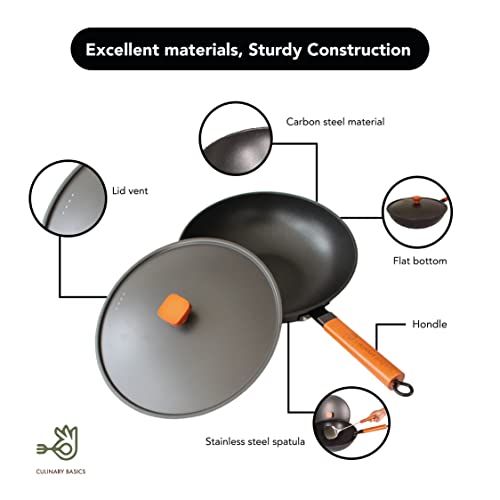 Culinary Basics Wok Pan Carbon Steel Wok With Lid Flat Bottom With Spatula Large Induction Electric Cooking Top Stir Fry Nonstick 13 Inch #TOP1