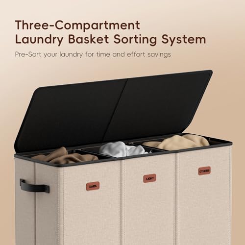 Image of 185L Laundry Hamper 3 Section, Laundry Hamper with Lid, Dirty Clothes Hamper with 3 Removable Washing Bags, Extra Large Laundry Basket Organizer for Bedroom, Laundry Room, Dorm - Khaki