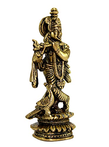 Image of ESPLANADE - Brass Kishan Krishna with Peacock Murti Idol Statue Sculpture - 5 inch inches for Pooja Mandir or Home Decor