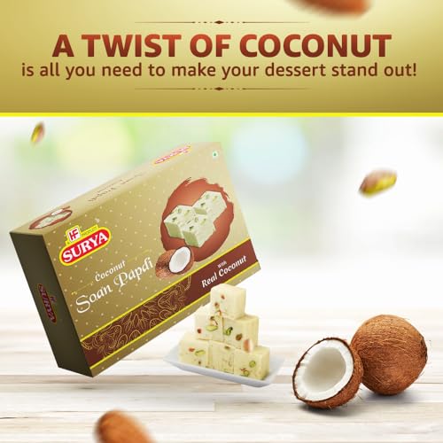 Image of HF, Surya Coconut Soan Papdi- 400g | Made with Real Coconut, Fresh Besan | No Preservatives, Almond & Pistachio Garnish Delicious Festive Sweets