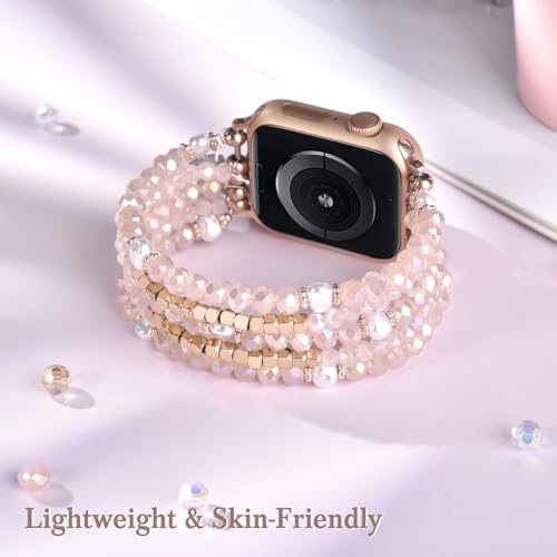 Image of MOFREE Beaded Bracelet Compatible for Apple Watch Band 38mm /40mm /41mm /42mm(Series 10) Women,Fashion Handmade Beads Elastic Stretch Strap for iWatch Series 10 /9 /8 /7 /SE /6 /5 /4 /3 /2 /5