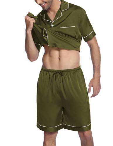 Image of Ekouaer Mens Satin Pajamas Set Button-Down Short Sleeve Shirt Top Soft Silk Sleepwear Shorts with Pockets