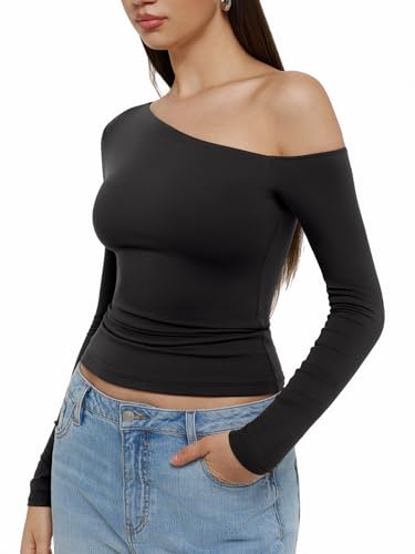 REORIA Womens 2025 Fall Fashion Long Sleeve Shirts Double Lined Casual Slim Fitted Off The Shoulder Tops4