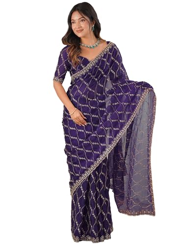 Image of AKHILAM Women's Shimmer Chiffon Heavy Sequence Embroidery Work Saree With Unstitched Blouse Piece (VT798A VM Parent)