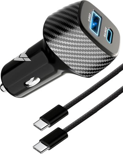 DR VAKU® 53W Car Charger Dual Port Fast Charging Type C PD 33W + 20W QC 3.0 USB for iPhone 17/16/15 All Series & Android Phones with 1 Meter Nylon Braided Type C Data Cable (Charger+Cable) Deal
