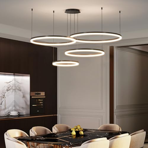 Mikeru Living Room Pendant Lights, 30+40+60+80CM Adjustable Pendant Light 4 Ring Minimalist Pendant Lamp with Memory Function Dimmable 10%-100% Linear Pendant Light 3000K/4500K/6000K for Showroom