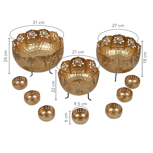 Ekhasa Big Combo Pack Urli Bowl Set with Stand for Home Decor and Decorative Items (Includes 3 Bowls, 3 Stands, 7 Tealight Holders) | Floating Flowers Water Bowl for Diwali Pooja, Festival Decoration
