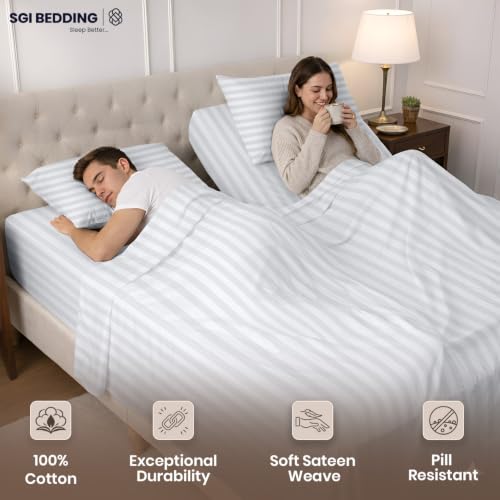 Image of SGI Split King Sheet Set for Adjustable Bed Egyptian Premium Cotton 600 Thread Count Sheets for Sleep Number Bed 15 inch Deep Pocket 5 Pc Set with 2 Twin XL Fitted Sheets Soft Breathable -White Stripe