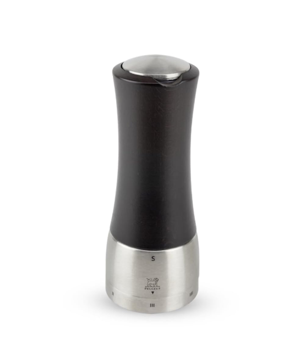 PEUGEOT - Salzmühle Madras u‘Select 16 cm - 6 Mahlgrade - Innovatives Zirlion-Mahlwerk für pulverfeines Salz - Aus PEFC-zertifiziertem Holz und Edelstahl - Französisches Know-how - Schokoladenfarben