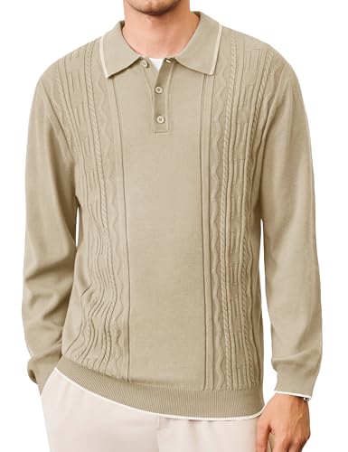 Cotrasen Mens Sweater Polo Long Sleeve Casual Collared Button Textured Sweater Fashion Fall