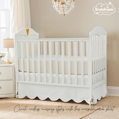 Image of Brandream Scallop Edge Organic Cotton Crib Skirt, Baby Boy, Baby Girl, Gender Neutral Crib Skirt Toddler Bedskirt Farmhouse Chic Nursery Crib Bed Skirt, Boho Bohemian Solid Cream White Skirt
