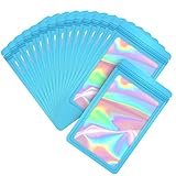 EONJOE 100-pack mylar bags with clear window holographic resealable sealable packaging zip bag for small bussiness jewelry candy sample food packing supplies （3×3 inch，Blue）