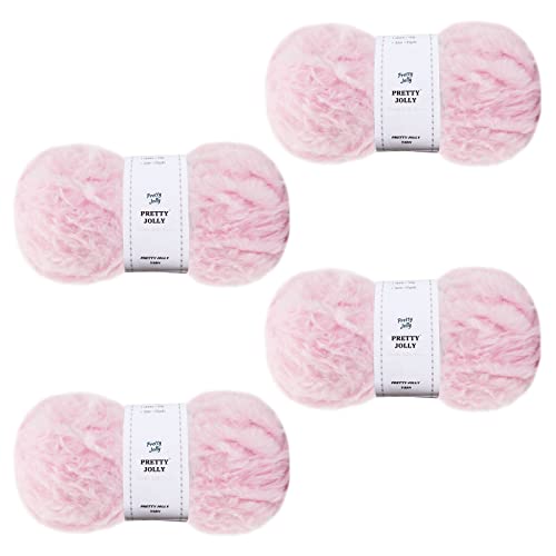 Pretty Jolly 4 Balls Faux Fur Super Soft Chunky Fluffy Yarn for Crochet Knitting Eyelash Polyester Yarn (First Blush)