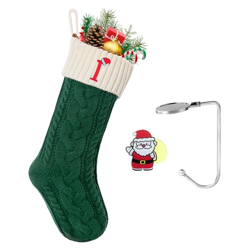 Christmas Stockings with Initials, Personalized Embroidered Monogram 18 Inches Knitted Christmas Stockings Fireplace Xmas Stockings for Kids,Family Holiday Party Decoration Green and White Letter I