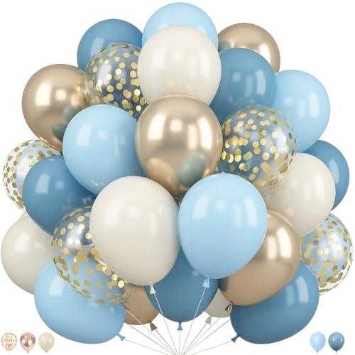 Image of Dusty Blue and Gold Balloons 50 Pcs 12 Inch | Light Blue Champagne Gold Balloons for Baby Boy Shower Bridal Engagement Birthday Wedding Bachelorette Party Decorations