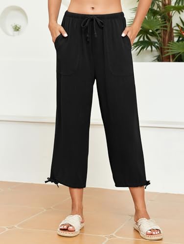 Famulily Womens Capri Pants High Waisted Wide Leg Lounge Linen Pant Drawstring Causal Palazzo Trousers with Pockets3