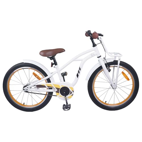 Runheo Bicicleta infantil de 18 pulgadas, color blanco, con marco de acero, guardabarros, freno de contrapedal y timbre para 5 – 7 años, bicicleta estable para ocio, parque y conducción segura en la