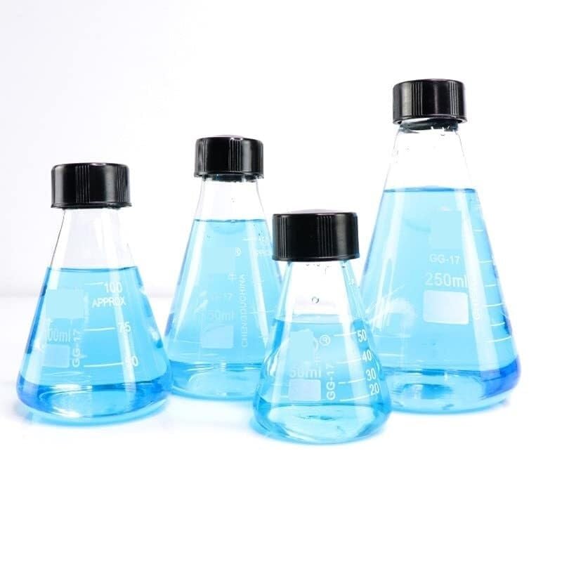 Szklana kolba laboratoryjna, 1 szt. Kolba stożkowa ze szkła krzemianowego o pojemności 50 ml do 1000 trójkątna z czarną nakrętką(250ml)