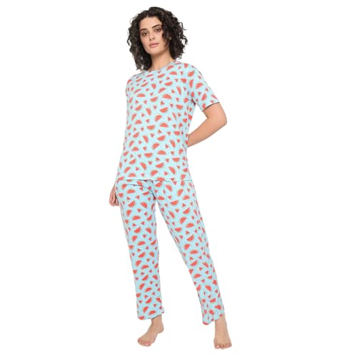Image of CAMEY Women's Printed Pyjama Set, Short Sleeve T-Shirt and Trousers, Women Nightsuit, Loungewear Sets