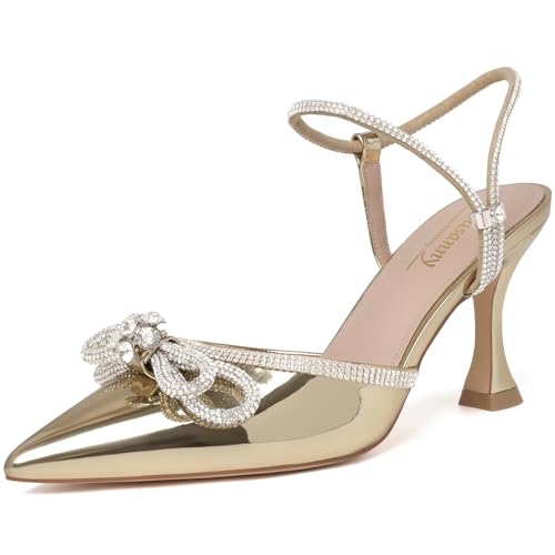 Image of Susanny Women's Closed Toe Rhinstone Wedding Low Heel Slingback Clear Kitten Heels,Adjustable Strap Pointed Toe Bow Pumps High Heeled Prom Dress Shoes