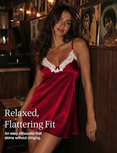 Image of Girece Sexy Night Gowns for Woman Silk Nightgown Lace Trim Sleep Dress Babydoll Lingerie Satin Nighty Negligee