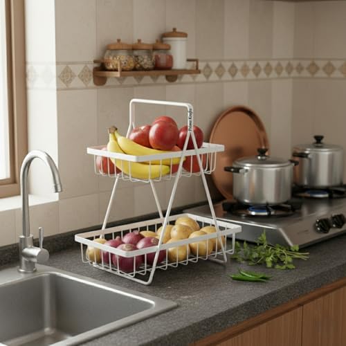 Image of 2 Tier Metal Fruit and Vegetables Basket with Handle | Fruit Vegetables Snacks and Bread Organizer for Kitchen, Dining Table, Livingroom | Bathroom Countertop Stand (Design 2 - White)