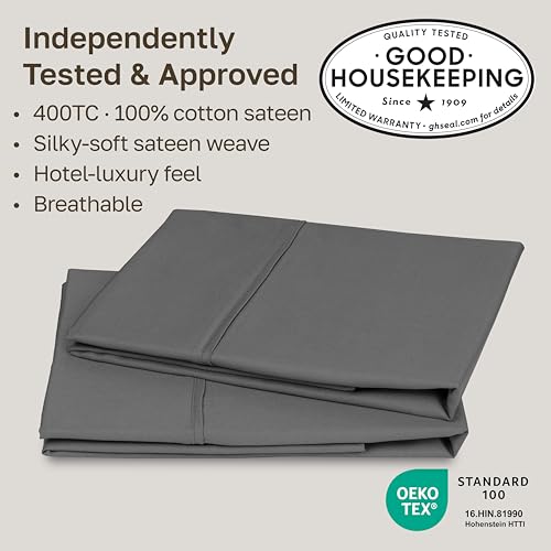 Image of California Design Den Standard Queen Size Pillowcase Set - 400 Thread Count, 100% Cotton Sateen, Set of 2 Pillow Covers, Soft and Breathable - Grey