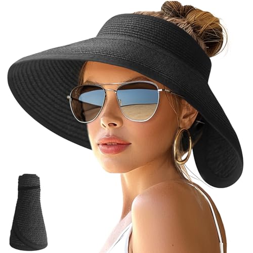 NPJY Sun Hats for Women Wide Brim Roll-Up Beach Ponytail Hat Packable Travel Foldable Straw Visor Black