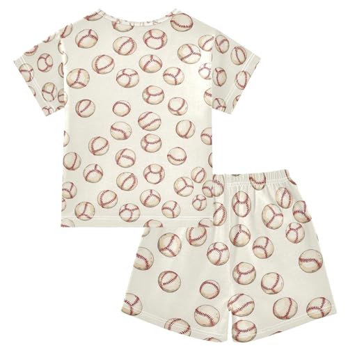 ALAZA Baseball White Cartoon Pajamas Set Short Sleeve Cotton Sleepwear Summer Pjs 2 Piece 5-14Y2