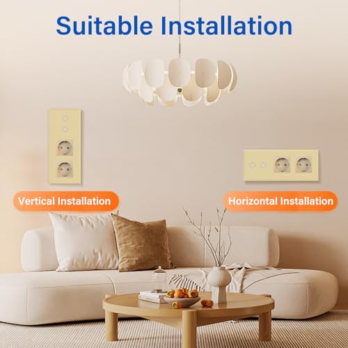 BSEED Touch Lichtschalter mit Steckdosen mit LED Anzeige,2 Fach 1 Weg Wandschalter mit doppelten Steckdosen Unterputz Touchscreen-schalter mit Glasrahmen 228mm Golden