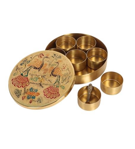Image of Two Moustaches 8 Inches Twin Peacock Carved Brass Spices Box Set, Brass Masala Box for Kitchen, Housewarming Gifts, 7 Containers & 1 Spoon, Multicolored, Pack of 1