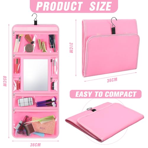 Hanging Toiletry Bag with Mirror for Men Women Travel Kit Large Foldable Beauty Dance Makeup Bag Organizer Storage Waterproof Roll up Cosmetic Case Accessories for Bathroom Shower(Pink)2