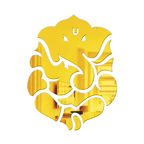 Image of Wall1ders Lord Ganpati Golden (Size 27 x 21 cm) Mirror Stickers for wall, Acrylic Mirror wall Decor Sticker, wall Mirror Stickers, Acrylic Stickers, Wall Stickers for Hall Room, Bed Room, Kitchen.