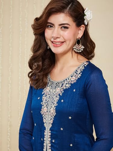 Image of MOKOSH Women's Silk Embroidery Anarkali Kurta Pant with Dupatta | Anarkali Kurta Set | Round Neck Full Sleeve Ethnic Suit | Indian Kurta Outfit with Pant | 3 Piece Outfit