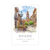 QOGDAF Oviedo - Lienzo de viaje de acuarela de España, decoración de dormitorio, paisaje, oficina, habitación, regalo, 50 x 75 cm