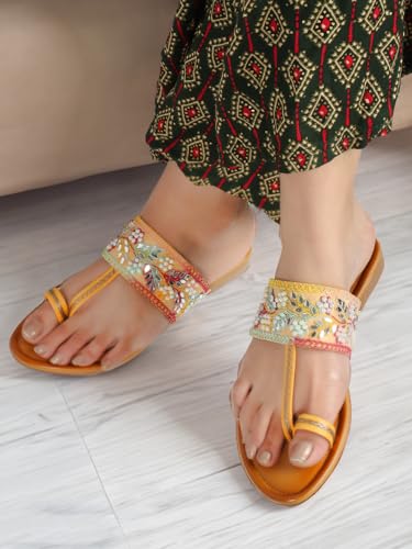 Image of KKF Footwear Women's Fancy Kolhapuri Flats Stylish Slip-On Chappal Sandals for Girls & Ladies | Sizes 3-8