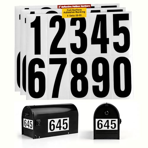 Hoople 3 Inch Reflective Mailbox Numbers for Outside 3 Sets (0-9) Self-Adhesive Vinyl House Numbers Pre-Cut Mailbox Numbers for Mailbox & Door Weatherproof Waterproof Durable Address Numbers for Fence & Garage