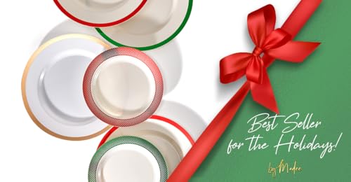 By Madee HEAVYWEIGHT 175 Pc Christmas Plates and Napkins | Ivory with Red Trim Plastic Christmas Disposable Dinnerware Set with Silverware & Linen-Like Premium Napkins for the Holidays (25 Guests) – Image 6