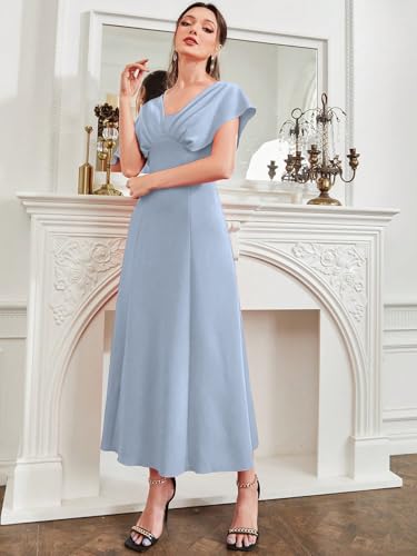 Image of Shasmi Women's & Girl's Solid A-Line Maxi Dress | V-Neck Pleated Bodice | Cap Batwing Sleeves | Fit & Flare Evening Gown (Dress 274)