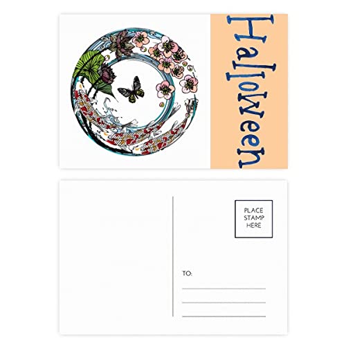 Cartes postales géométriques Halloween Carp Sakura | Lot de 20 pièces motif lotus original