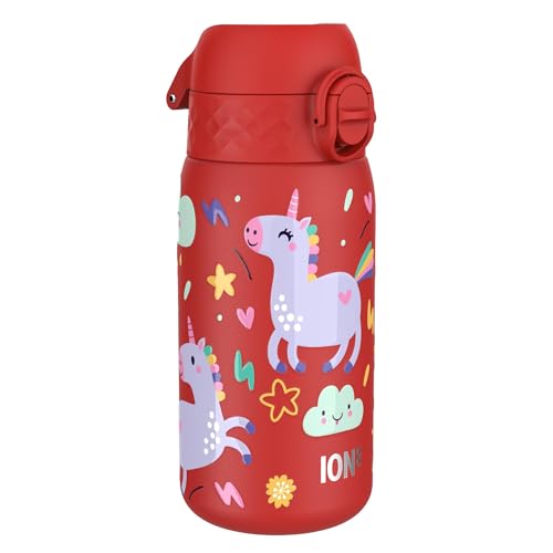 ion8 Botella De Agua Para Niños, Acero Ligera, 400ml/13oz, Unicornios | Sin Aislamiento, Antifugas, Fácil Apertura, Cierre Seguro, Apta Para Lavavajillas, Cabe En Portavasos, Asa, Botella Metálica