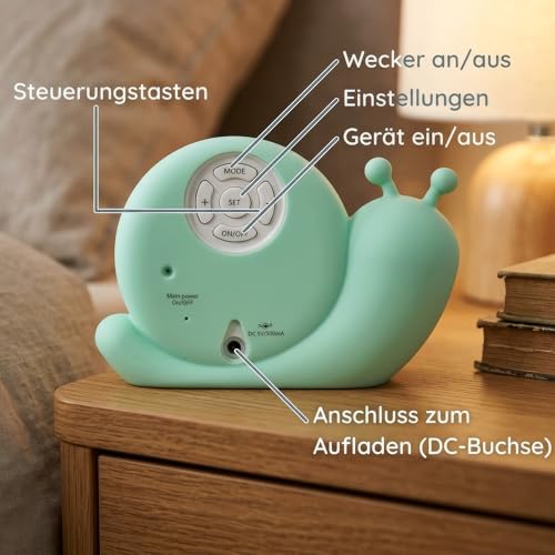 Alecto BC110GN Simon Wecker Kinder - Kinderwecker USB Aufladbar - Kinder Wecker mit Nachtlicht - Schlaftrainer Minzgrün